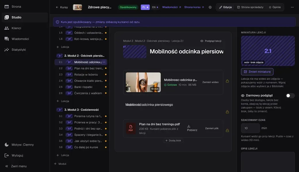 Panel trenera w cwicz.to: moduły i lekcje kursu