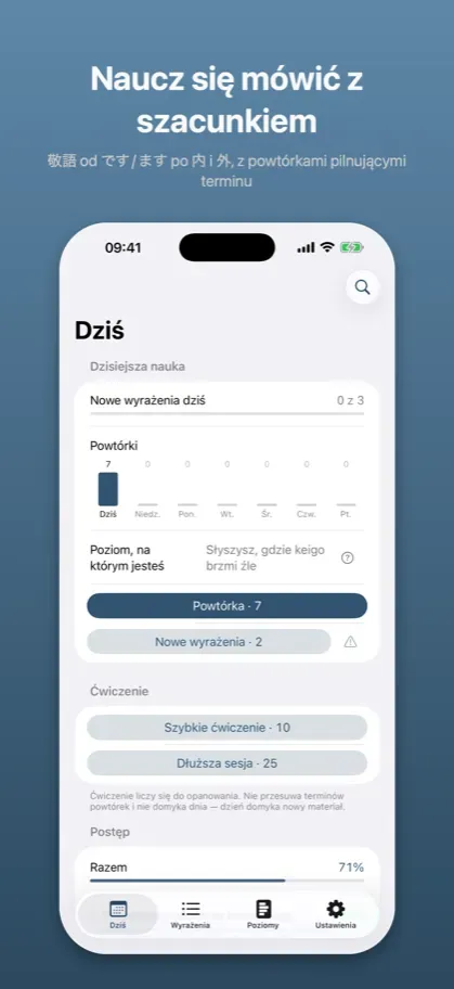 Keigo app: the daily screen